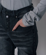 【予約　3/23発送】脇シャーリングヴィンテージ風加工ストレッチデニムパンツ