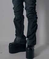 【予約　3/23発送】脇シャーリングヴィンテージ風加工ストレッチデニムパンツ