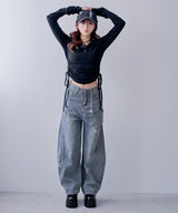 ダメージ加工バレルデニムパンツ