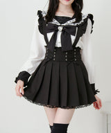 【予約　3/30発送】サス付きフリルレースアッププリーツスカート【SD】