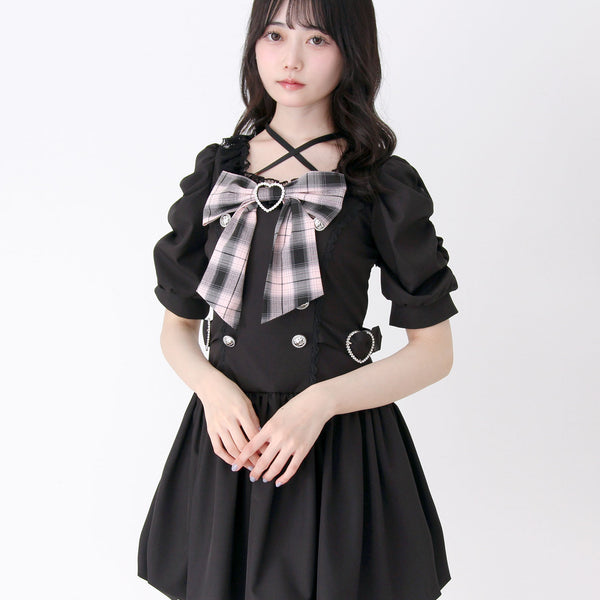 DearMyLove姫系キラキラビジューリボンレースアップバルーンワンピース 姫系キラキラビジューハートリボンレースアップバルーンワンピース