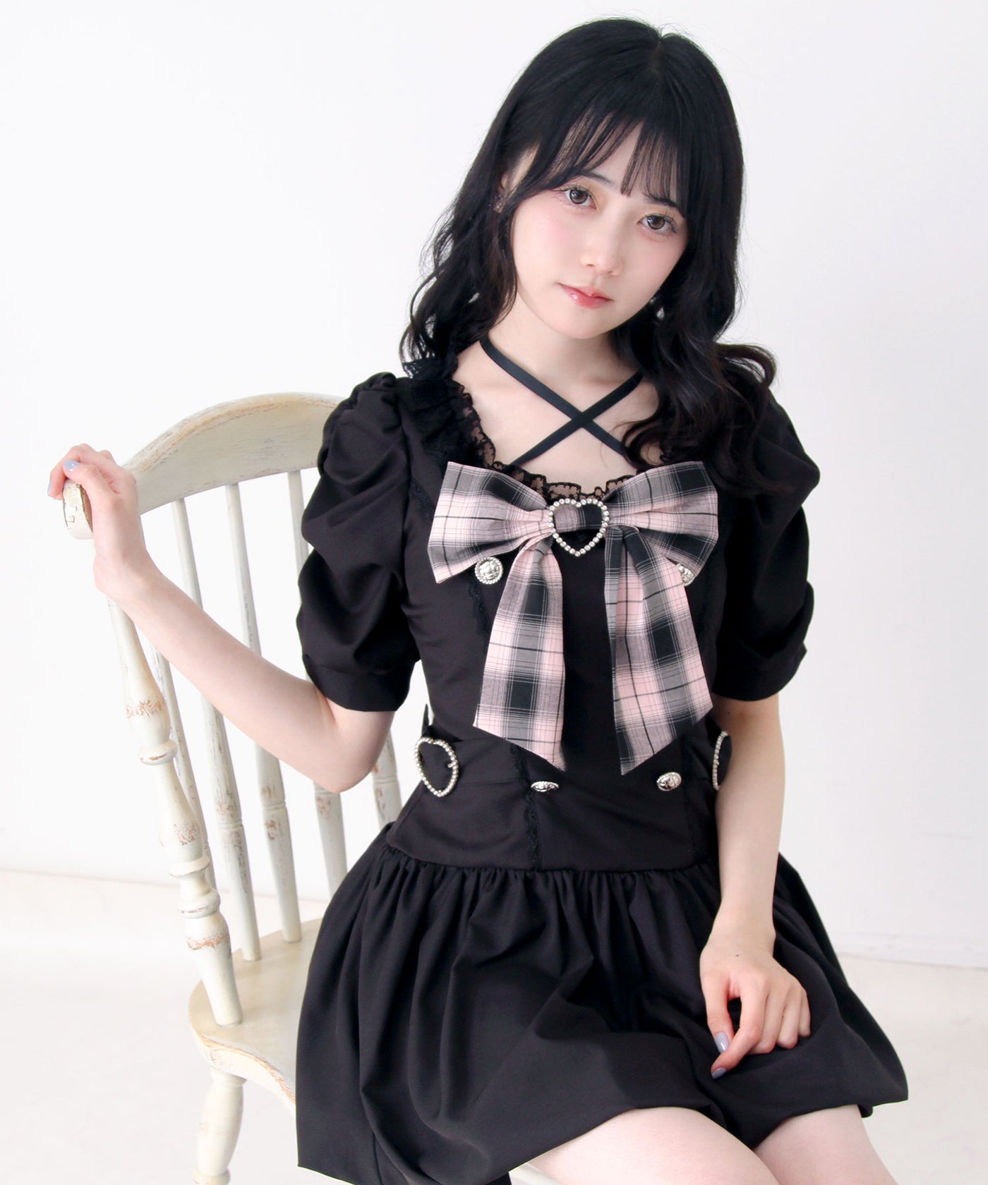 DearMyLove姫系キラキラビジューリボンレースアップバルーンワンピース 感謝祭セール対象】姫系キラキラビジューハートリボンレースアップ