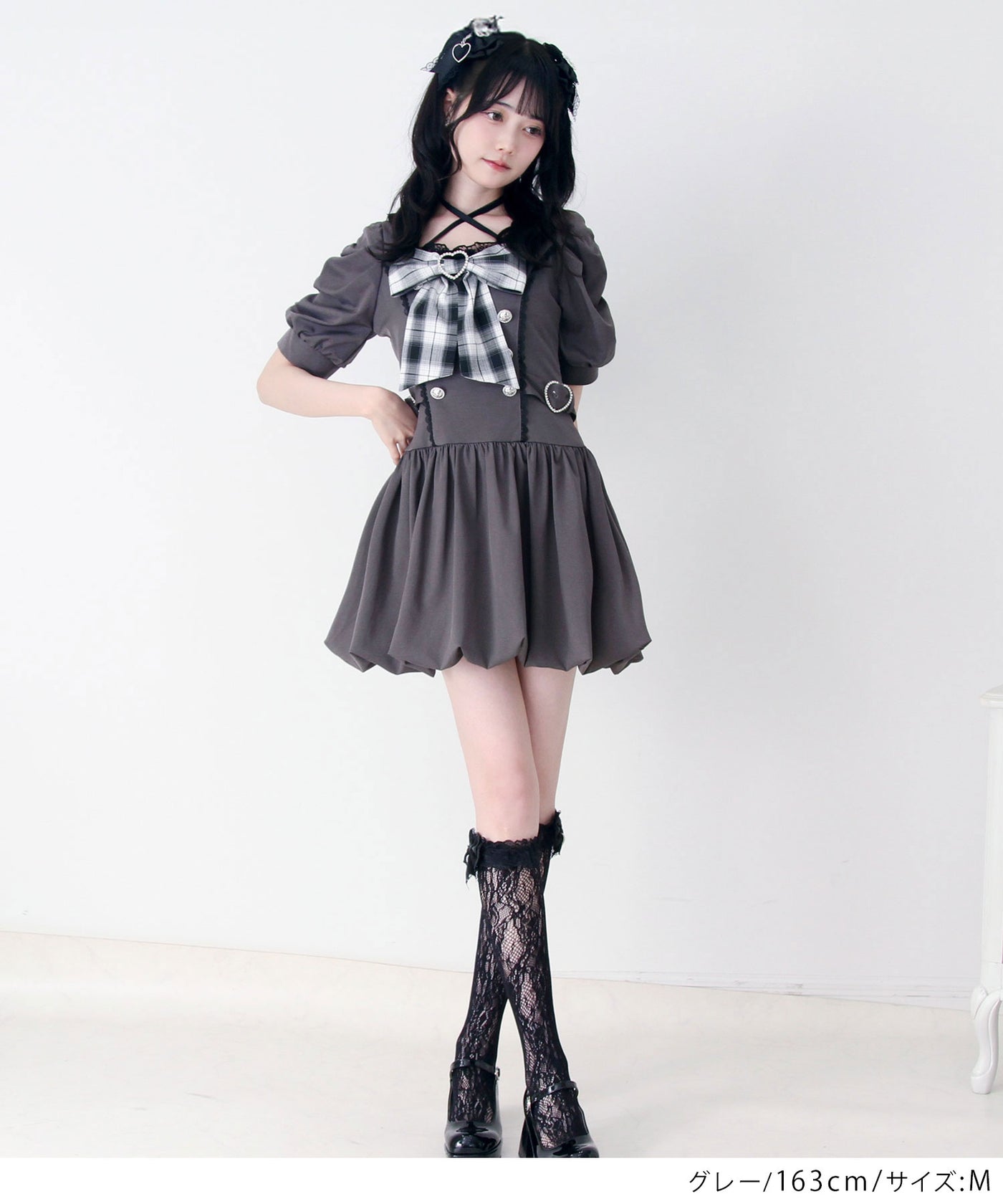 DearMyLove姫系キラキラビジューリボンレースアップバルーンワンピース 9/17 11時まで限定価格】姫系キラキラビジューハートリボンレース