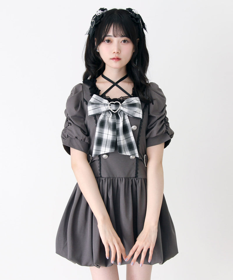 DearMyLove姫系キラキラビジューリボンレースアップバルーンワンピース 感謝祭セール対象】姫系キラキラビジューハートリボンレースアップ