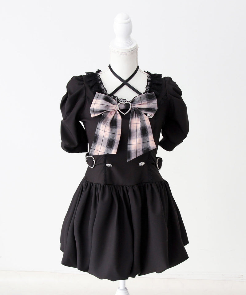 DearMyLove姫系キラキラビジューリボンレースアップバルーンワンピース 姫系キラキラビジューハートリボンレースアップバルーンワンピース