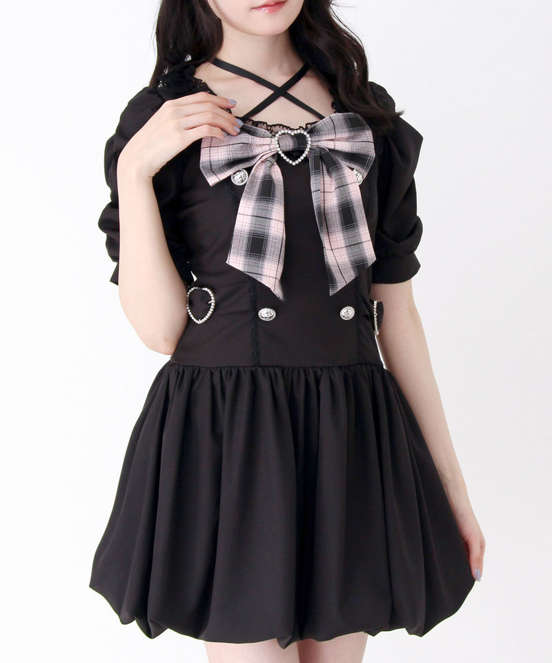 DearMyLove姫系キラキラビジューリボンレースアップバルーンワンピース 姫系キラキラビジューハートリボンレースアップバルーンワンピース