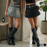 【予約　3/19発送】スタッズベルト付プリーツデニムミニスカパン