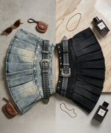 【予約　3/19発送】スタッズベルト付プリーツデニムミニスカパン