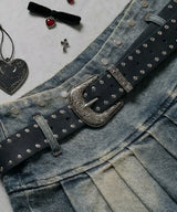 【予約　3/19発送】スタッズベルト付プリーツデニムミニスカパン