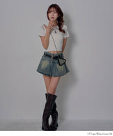 【予約　3/19発送】スタッズベルト付プリーツデニムミニスカパン