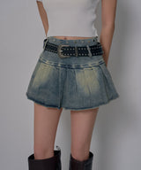 【予約　3/19発送】スタッズベルト付プリーツデニムミニスカパン