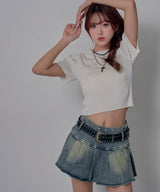 【予約　3/19発送】スタッズベルト付プリーツデニムミニスカパン