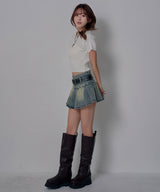 【予約　3/19発送】スタッズベルト付プリーツデニムミニスカパン