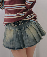 【予約　3/19発送】スタッズベルト付プリーツデニムミニスカパン