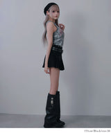 【予約　3/19発送】スタッズベルト付プリーツデニムミニスカパン