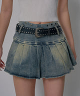 【予約　3/19発送】スタッズベルト付プリーツデニムミニスカパン
