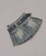 【予約　3/19発送】スタッズベルト付プリーツデニムミニスカパン