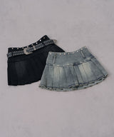 【予約　3/19発送】スタッズベルト付プリーツデニムミニスカパン