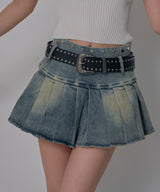 【予約　3/19発送】スタッズベルト付プリーツデニムミニスカパン