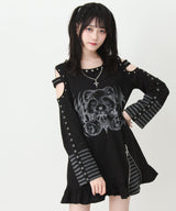 【予約　3/30発送】病みくまグラフィック十字架肩開きスタッズボーダーワンピース【SD】