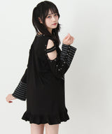 【予約　3/30発送】病みくまグラフィック十字架肩開きスタッズボーダーワンピース【SD】