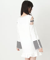 【予約　3/30発送】病みくまグラフィック十字架肩開きスタッズボーダーワンピース【SD】