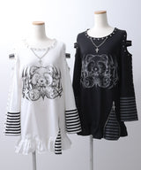 【予約　3/30発送】病みくまグラフィック十字架肩開きスタッズボーダーワンピース【SD】