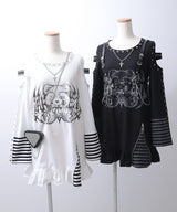 【予約　3/30発送】病みくまグラフィック十字架肩開きスタッズボーダーワンピース【SD】