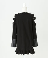 【予約　3/30発送】病みくまグラフィック十字架肩開きスタッズボーダーワンピース【SD】