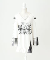 【予約　3/30発送】病みくまグラフィック十字架肩開きスタッズボーダーワンピース【SD】