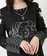 【予約　3/30発送】病みくまグラフィック十字架肩開きスタッズボーダーワンピース【SD】