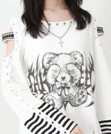 【予約　3/30発送】病みくまグラフィック十字架肩開きスタッズボーダーワンピース【SD】