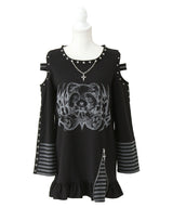 【予約　3/30発送】病みくまグラフィック十字架肩開きスタッズボーダーワンピース【SD】