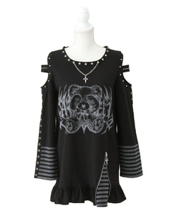 病みくまグラフィック十字架肩開きスタッズボーダーワンピース