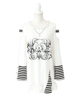 【予約　3/30発送】病みくまグラフィック十字架肩開きスタッズボーダーワンピース【SD】