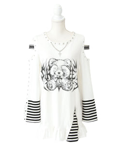 病みくまグラフィック十字架肩開きスタッズボーダーワンピース