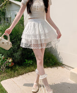 　リボン柄レースティアードミニスカート