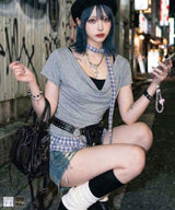 【予約　4/17発送】ドレープ裾チェックフリルカットソートップス