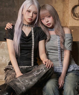 【予約　4/17発送】ドレープ裾チェックフリルカットソートップス