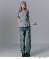 【予約　4/17発送】ドレープ裾チェックフリルカットソートップス