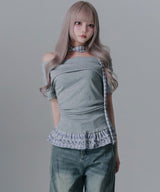 【予約　4/17発送】ドレープ裾チェックフリルカットソートップス