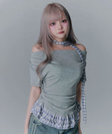 【予約　4/17発送】ドレープ裾チェックフリルカットソートップス