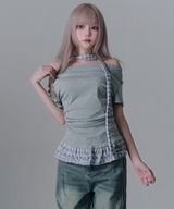 【予約　4/17発送】ドレープ裾チェックフリルカットソートップス