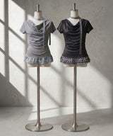 【予約　4/17発送】ドレープ裾チェックフリルカットソートップス