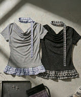 【予約　4/17発送】ドレープ裾チェックフリルカットソートップス