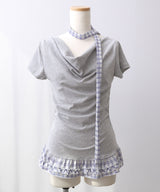 【予約　4/17発送】ドレープ裾チェックフリルカットソートップス