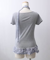 【予約　4/17発送】ドレープ裾チェックフリルカットソートップス