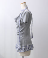 【予約　4/17発送】ドレープ裾チェックフリルカットソートップス