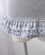【予約　4/17発送】ドレープ裾チェックフリルカットソートップス