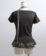 【予約　4/17発送】ドレープ裾チェックフリルカットソートップス